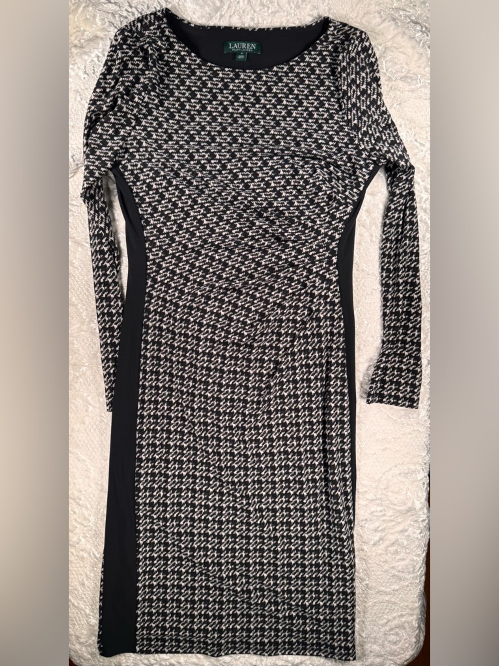 Lauren Ralph Lauren Black and White Houndstooth Panel Long-Sleeve Dress